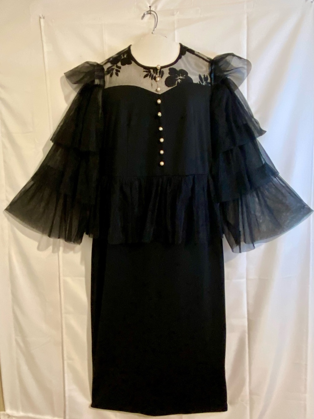 SHEIN Black Floral Illusion Midi Dress with Pearl Buttons